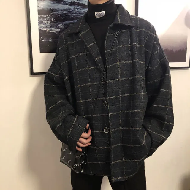 Aidase Simple Retro Check Jacket Tide Boy Japanese Street Autumn And Winter Wild Plaid Jacket Thick Shirt