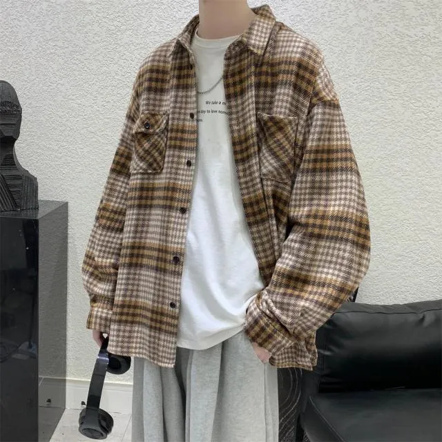 Aidase Simple Retro Check Jacket Tide Boy Japanese Street Autumn And Winter Wild Plaid Jacket Thick Shirt