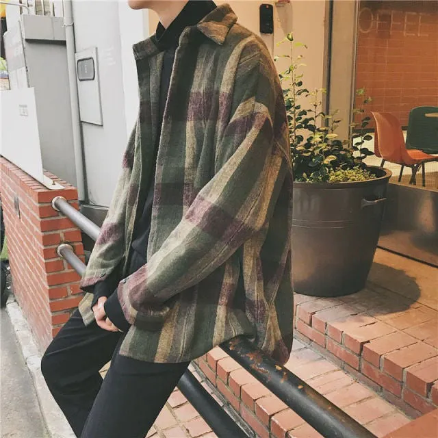 Aidase Simple Retro Check Jacket Tide Boy Japanese Street Autumn And Winter Wild Plaid Jacket Thick Shirt