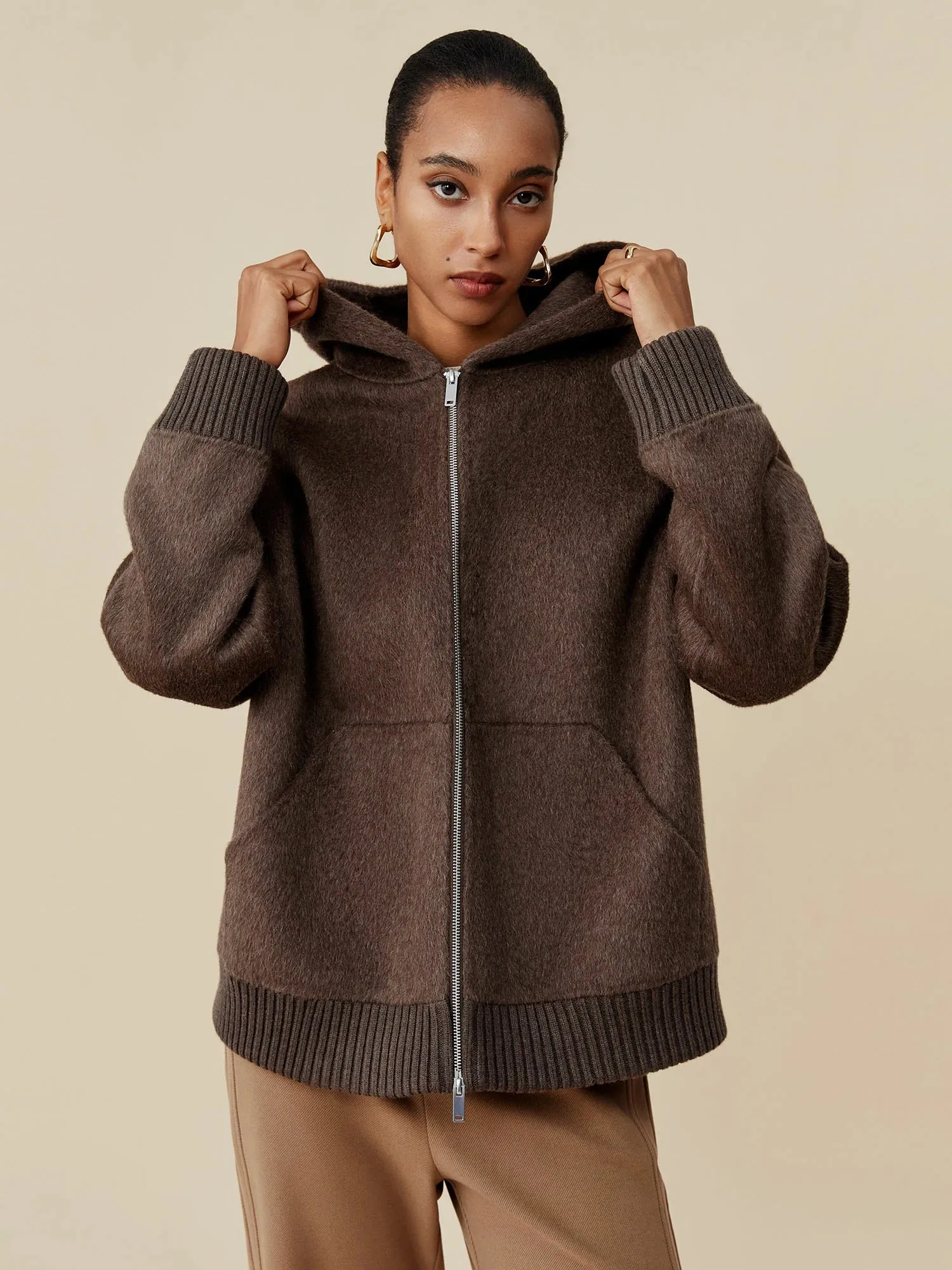 Amoretu 70.9% Wool Hooded Long Sleeve Zipper Short Coat