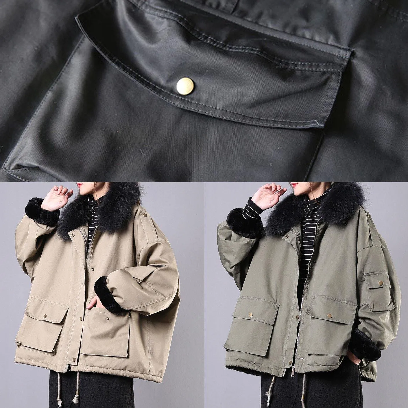 Army green casual outfit oversize snow jackets pockets faux fur collar winter coats