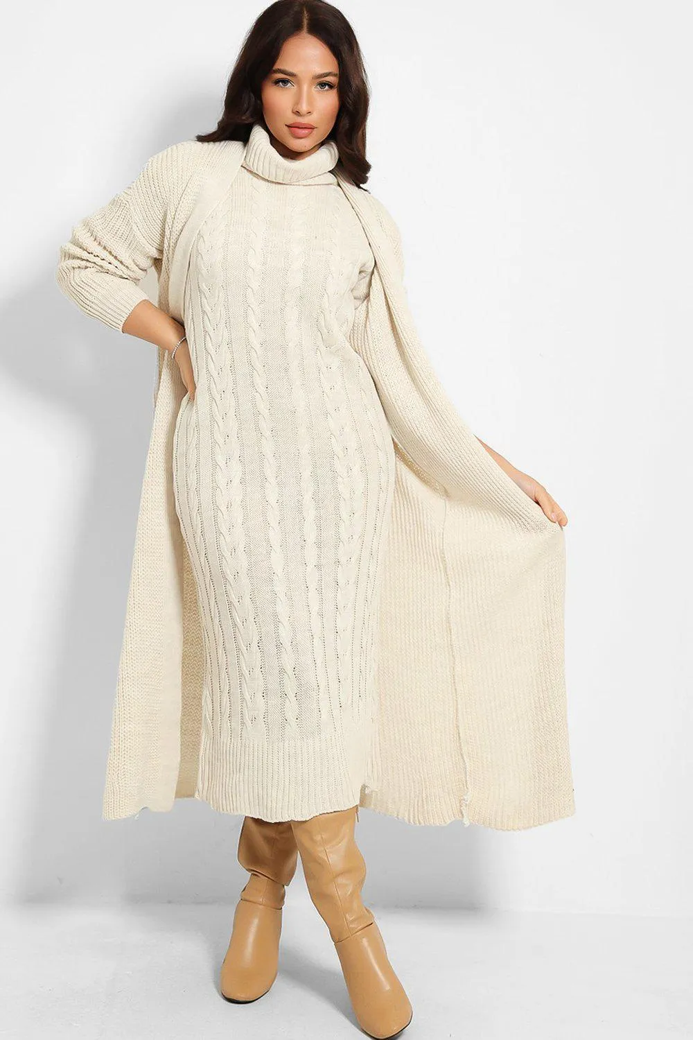 BEIGE CABLE KNIT ROLL NECK MAXI DRESS & CARDIGAN SET