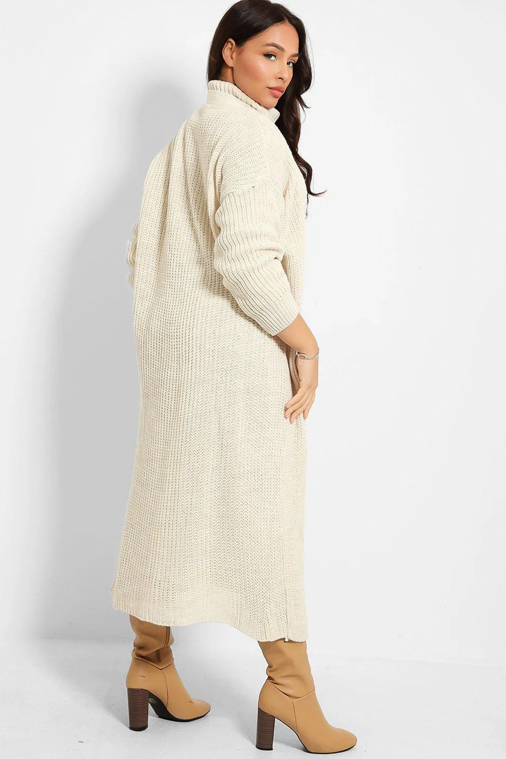 BEIGE CABLE KNIT ROLL NECK MAXI DRESS & CARDIGAN SET