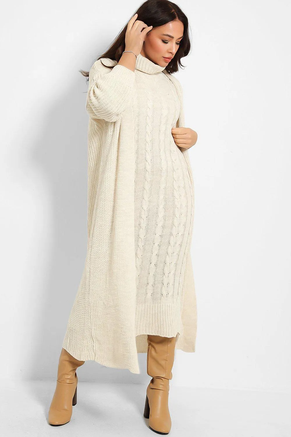 BEIGE CABLE KNIT ROLL NECK MAXI DRESS & CARDIGAN SET