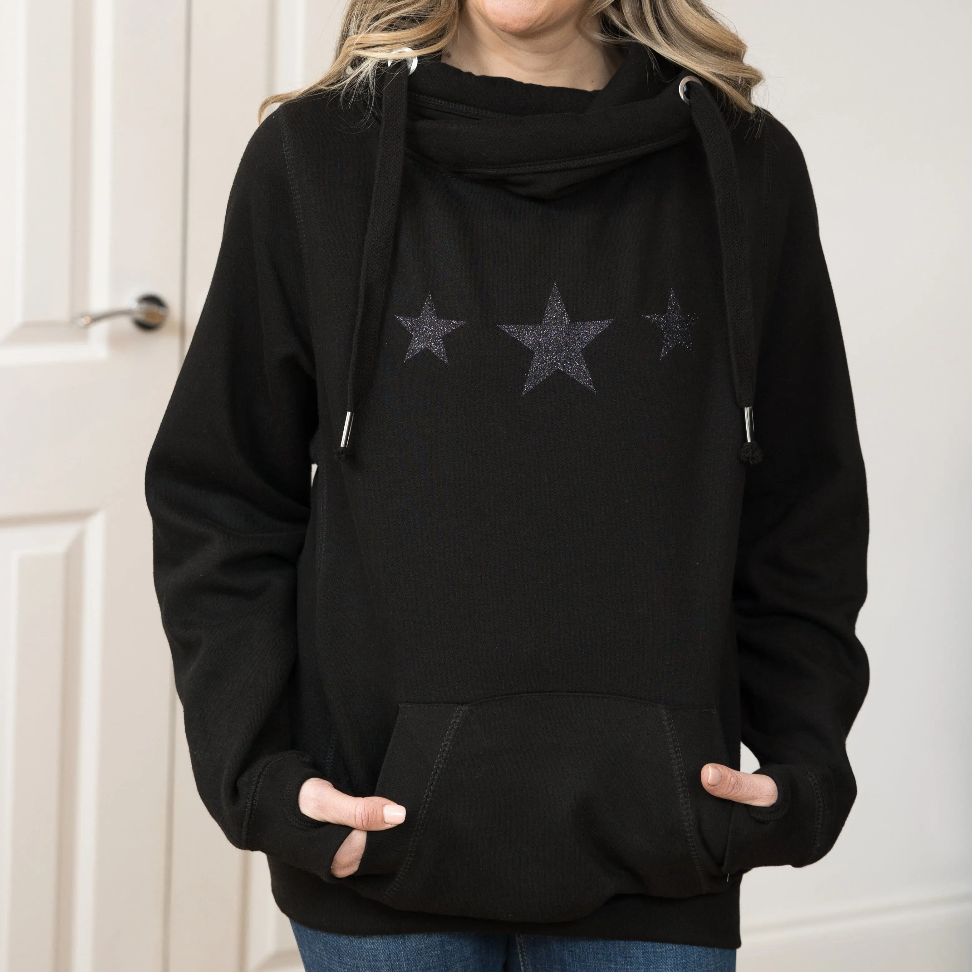 Black Glitter Triple Star Cowl Neck Hoodie