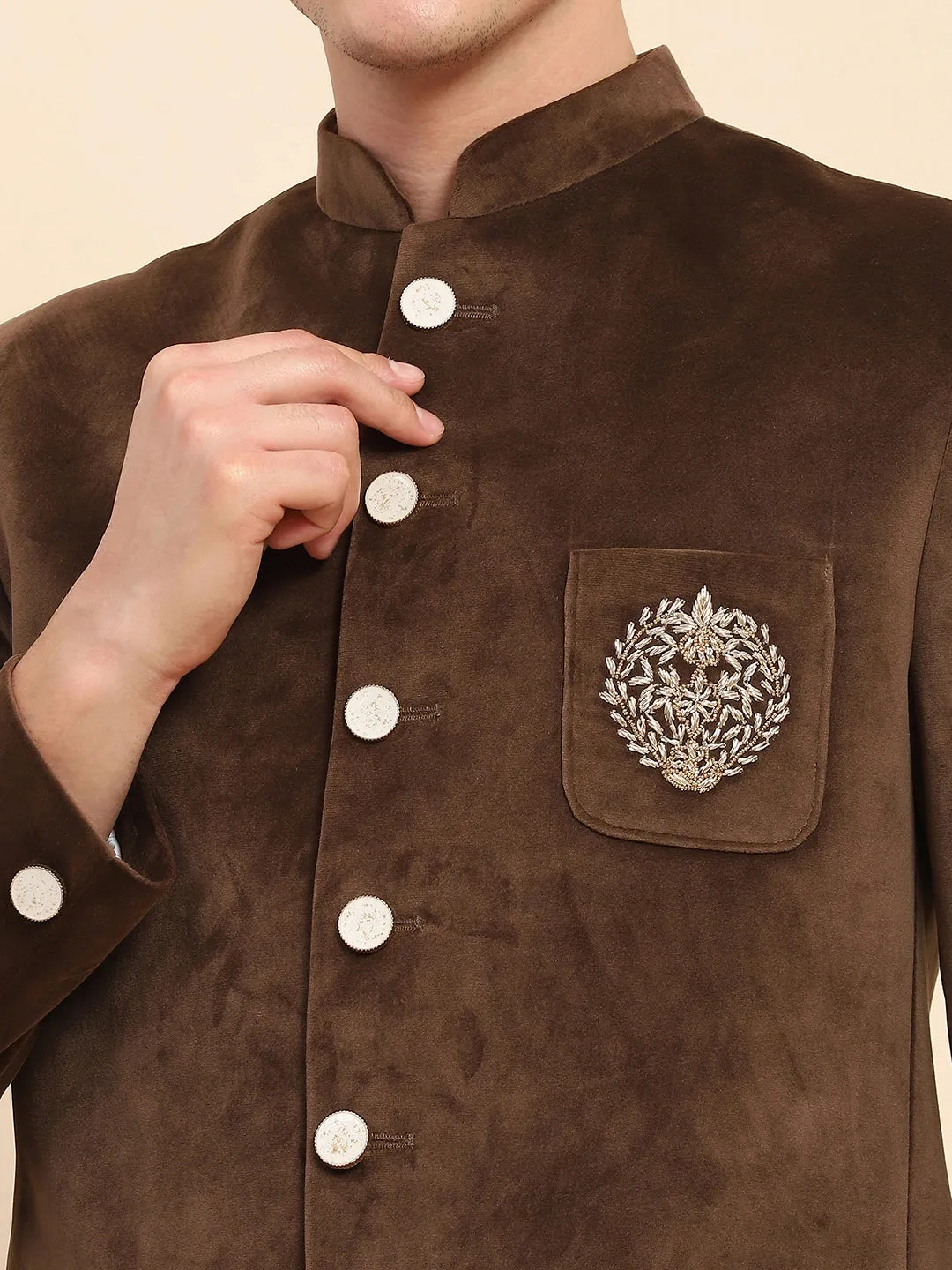 Brown Velvet Zari Embroidered Winter Wear Coat