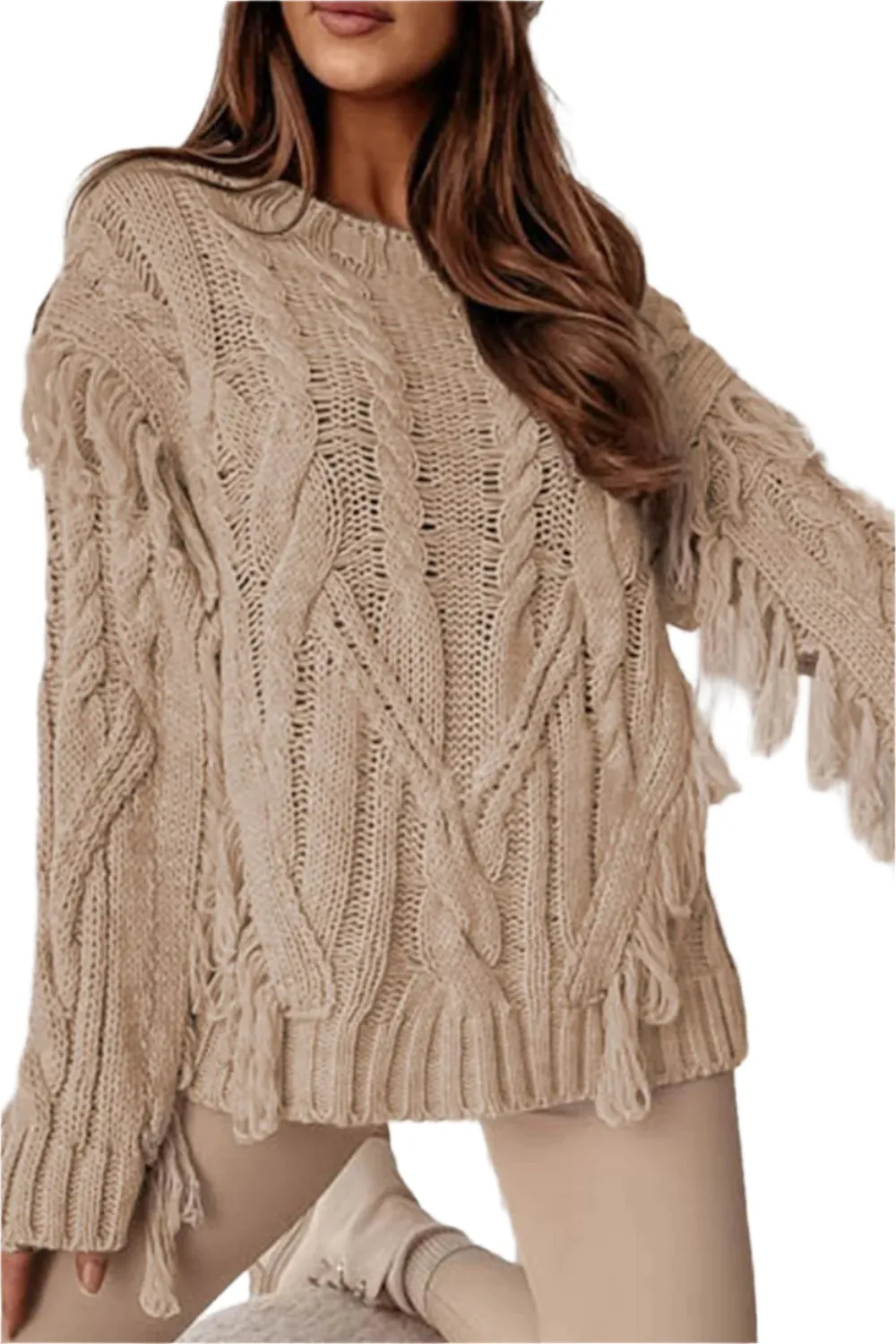 Cable Knit Fringe Round Neck Long Sleeve Sweater