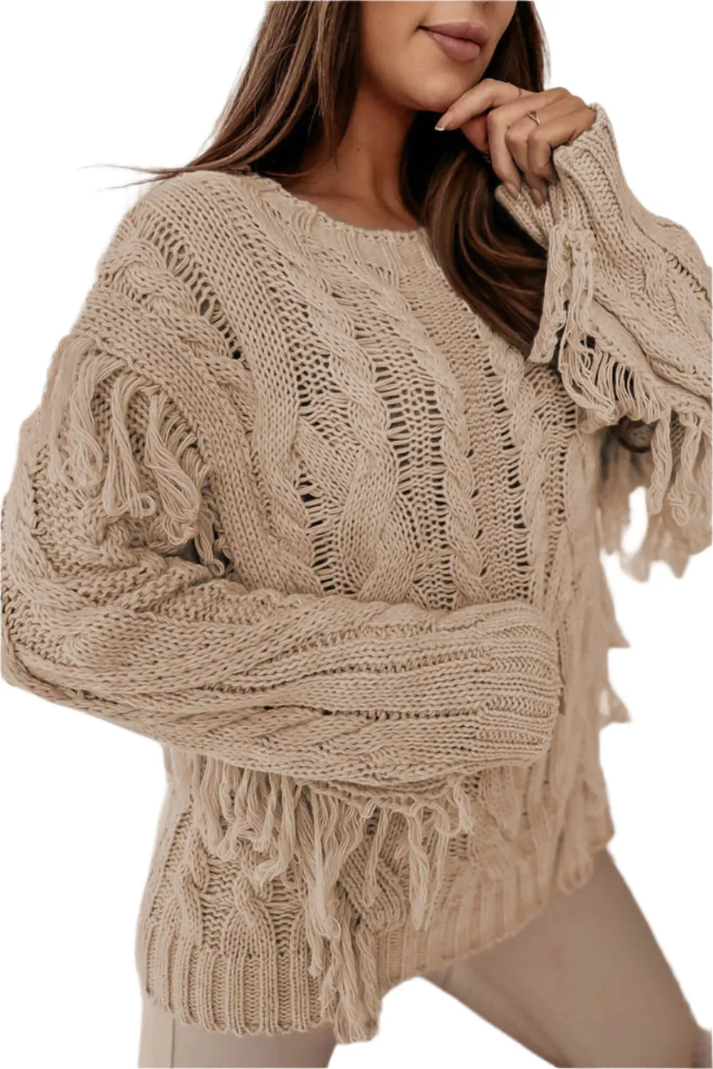 Cable Knit Fringe Round Neck Long Sleeve Sweater