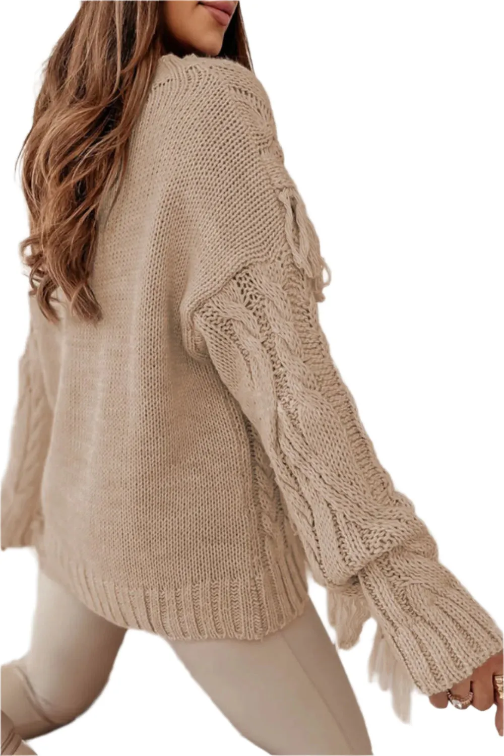 Cable Knit Fringe Round Neck Long Sleeve Sweater