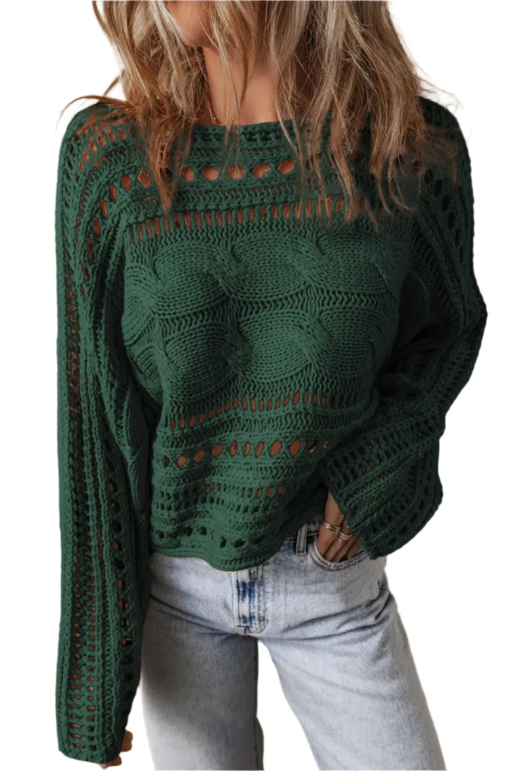 Cable-Knit Openwork Long Sleeve Sweater