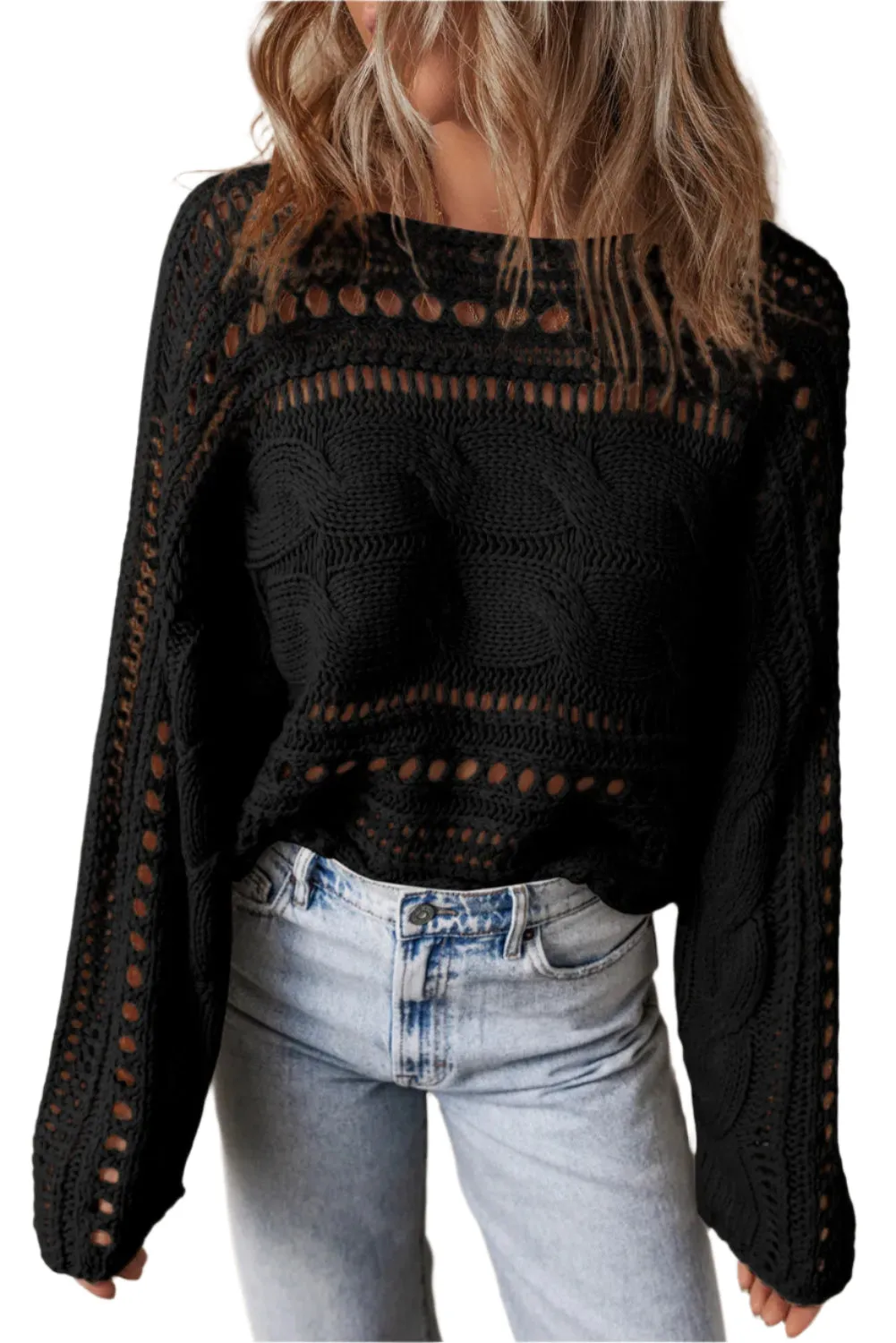 Cable-Knit Openwork Long Sleeve Sweater