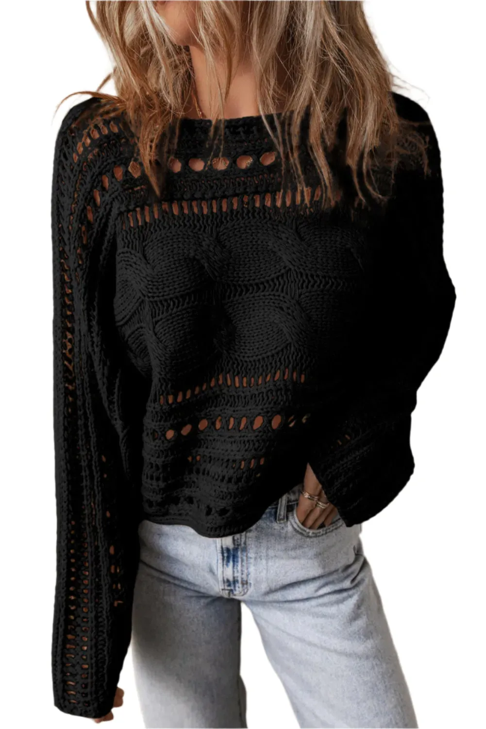 Cable-Knit Openwork Long Sleeve Sweater