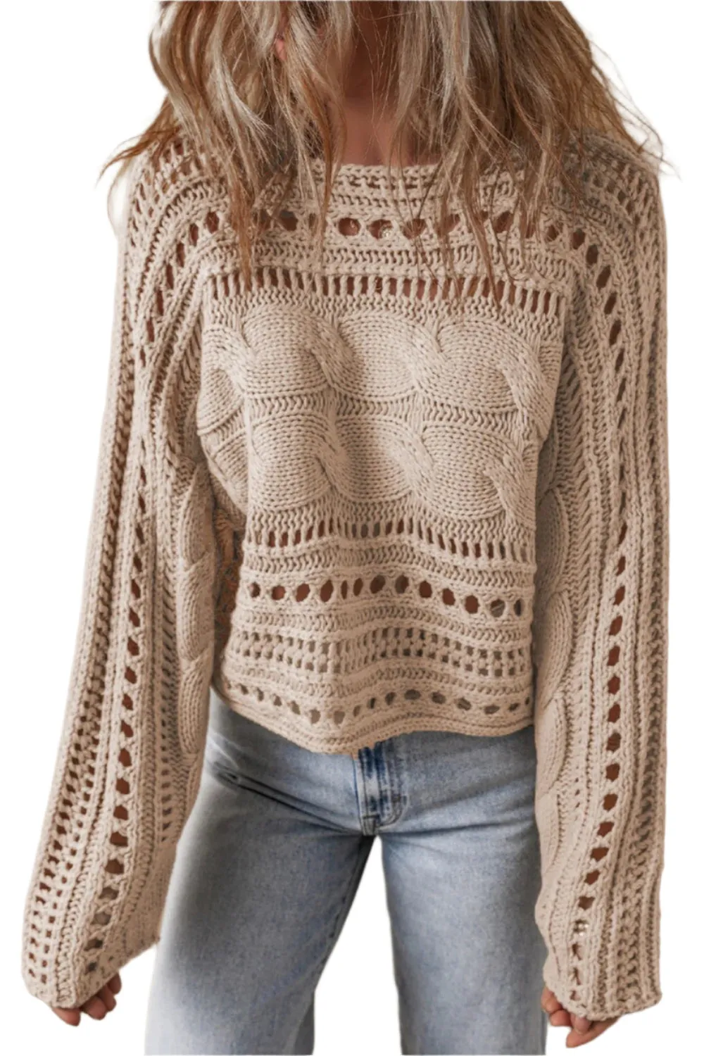 Cable-Knit Openwork Long Sleeve Sweater