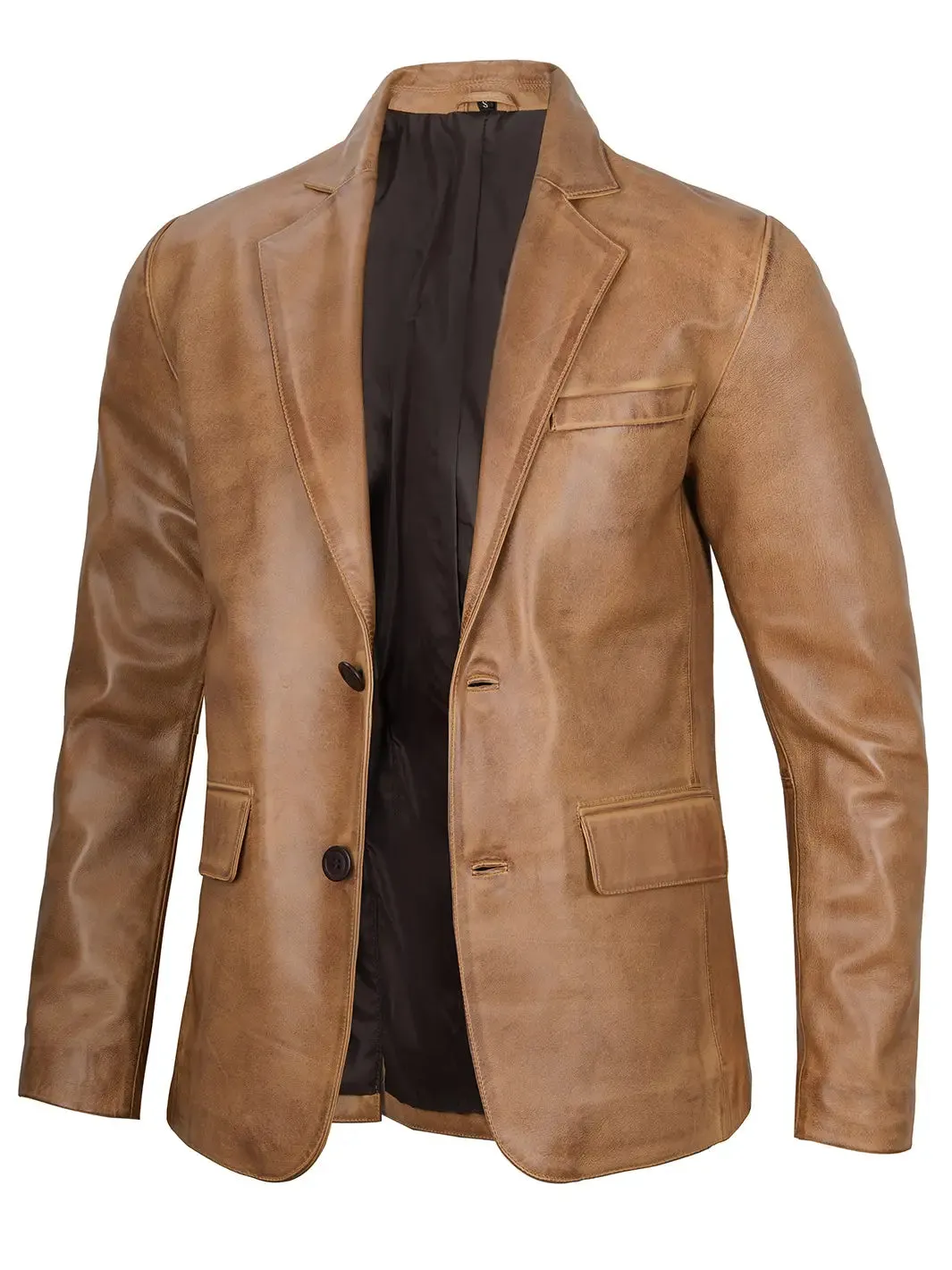 Camel Brown Real Leather Two Button Blazer