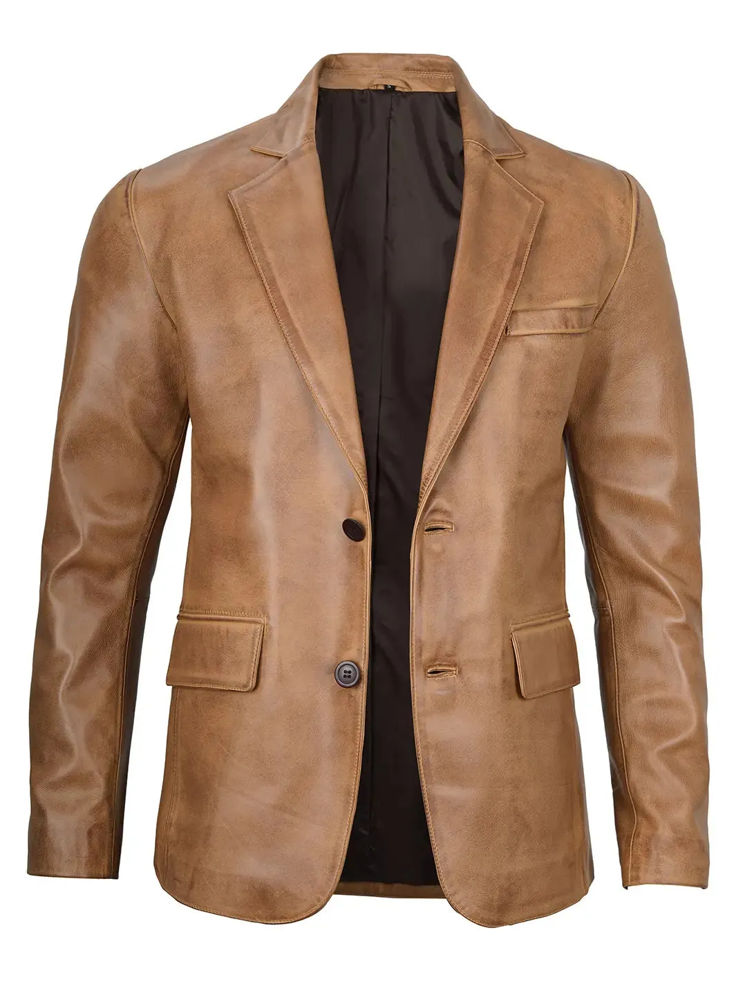 Camel Brown Real Leather Two Button Blazer