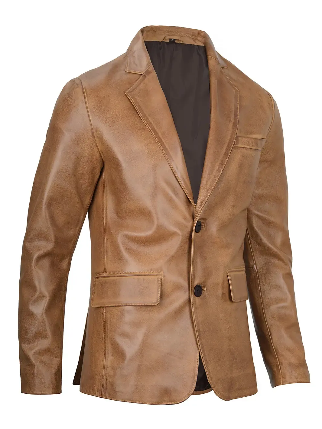 Camel Brown Real Leather Two Button Blazer