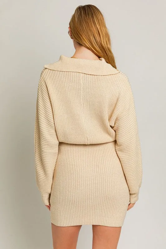 Casual Solid Long-Sleeved Zipper Sweater Dress