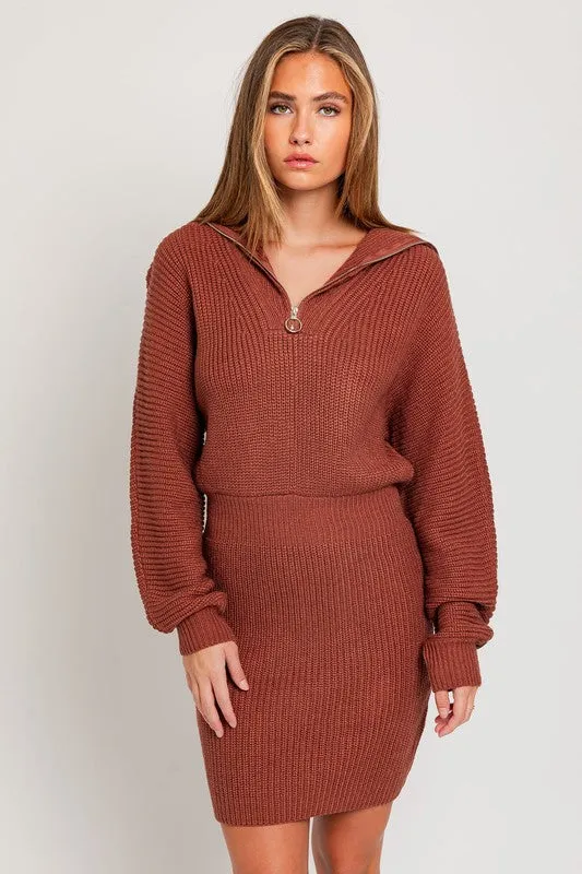 Casual Solid Long-Sleeved Zipper Sweater Dress