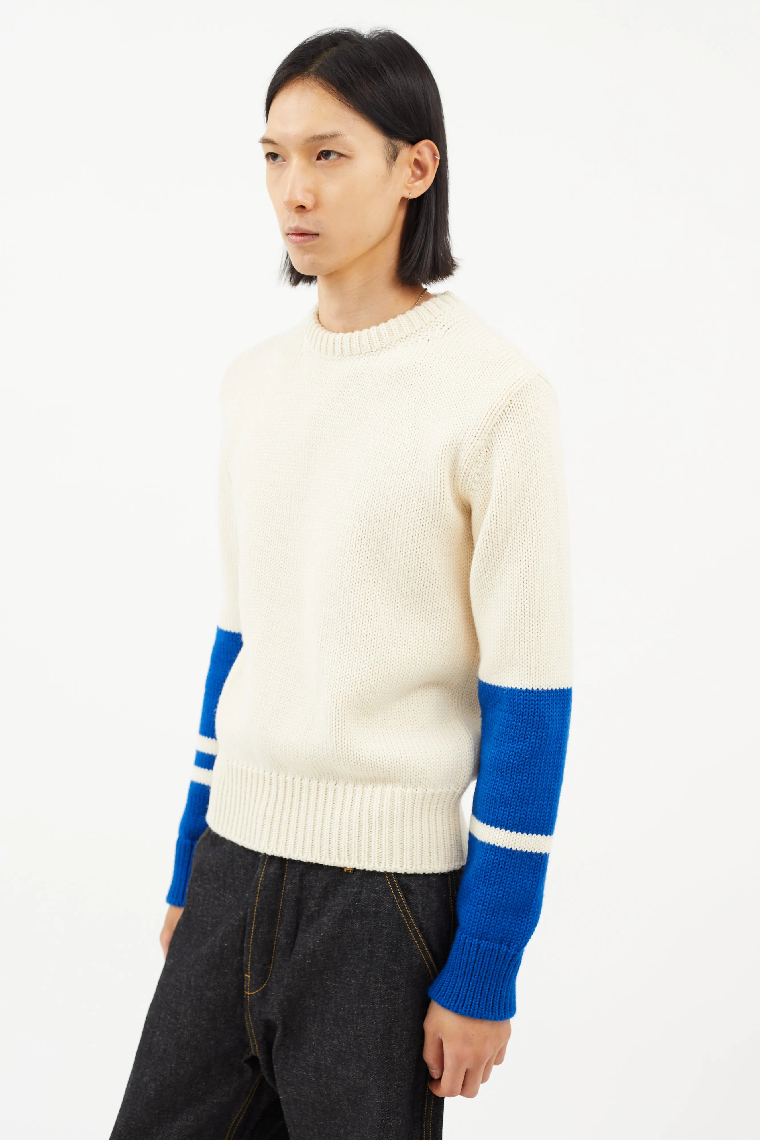 Cream & Blue Wool Knit Sweater