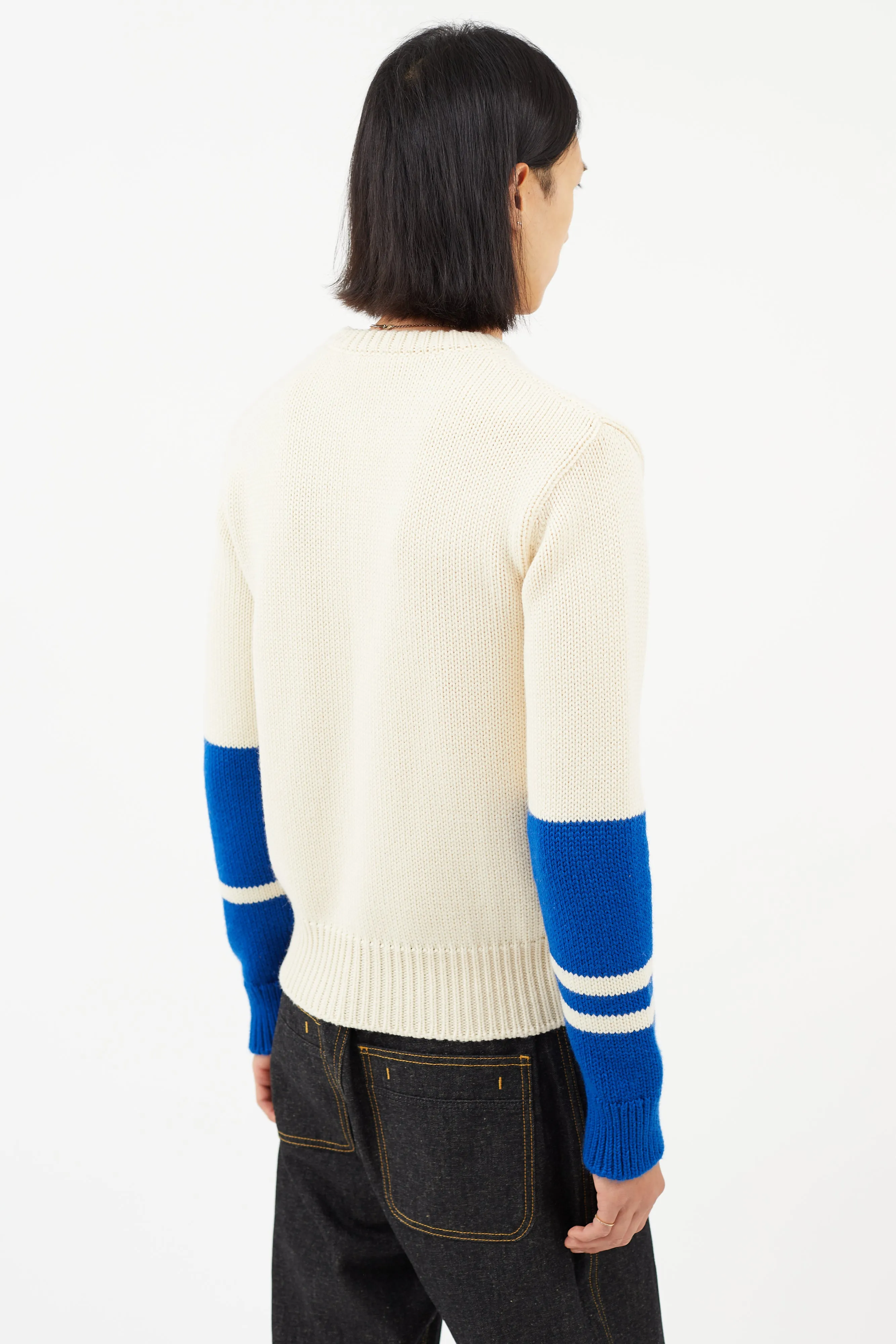 Cream & Blue Wool Knit Sweater