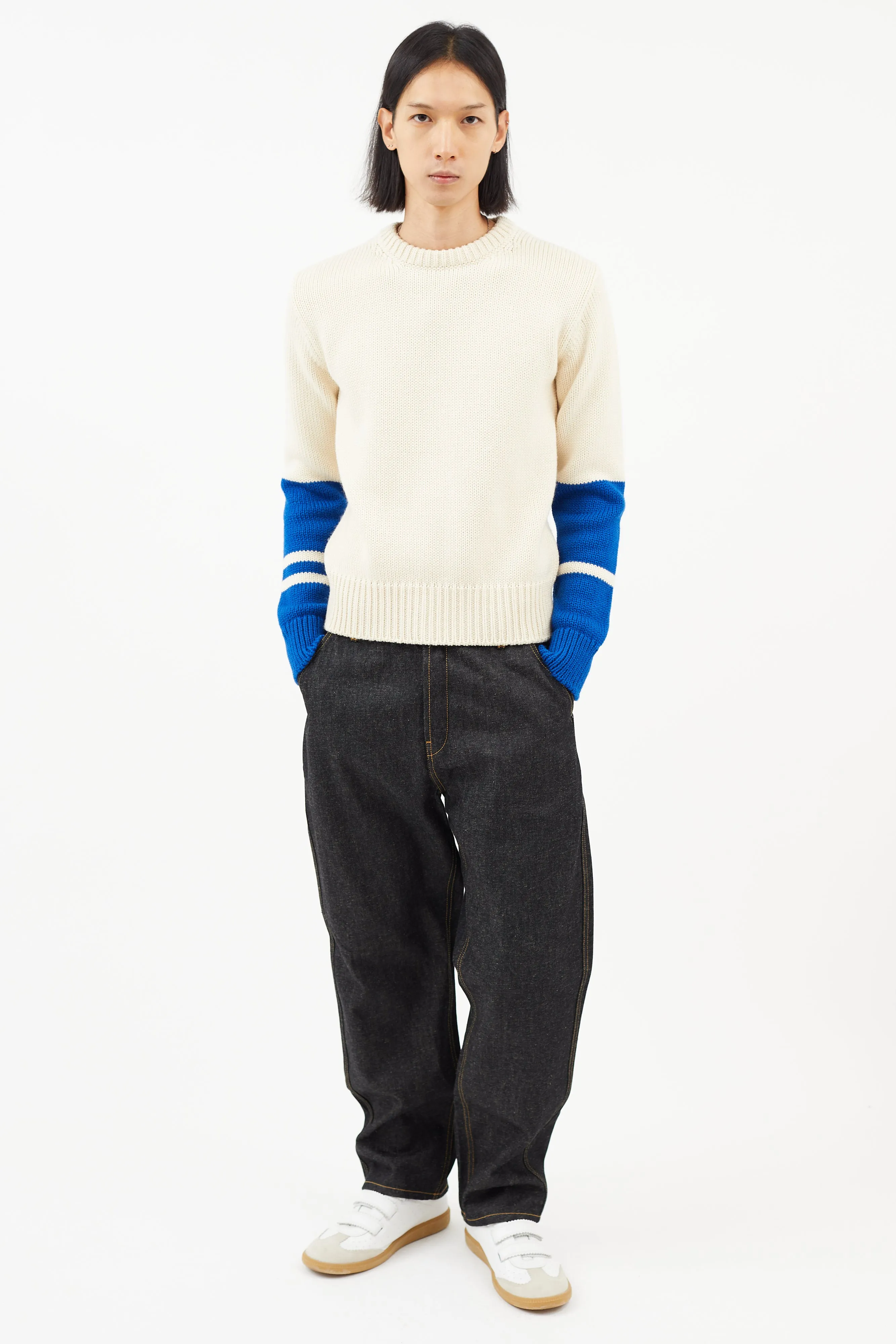 Cream & Blue Wool Knit Sweater