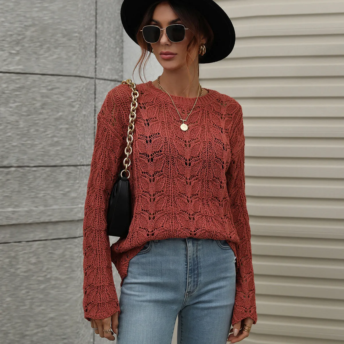 Crocheted Hollow Pullover Round Neck Loose Sweater