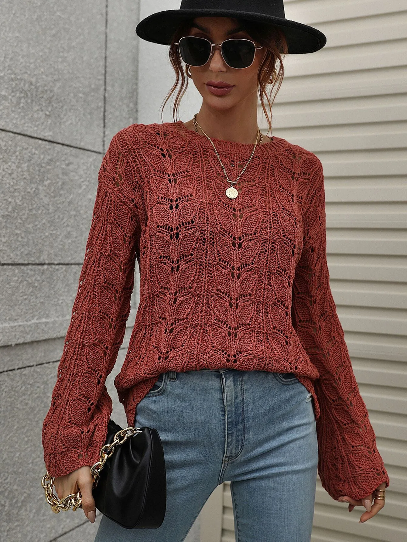 Crocheted Hollow Pullover Round Neck Loose Sweater