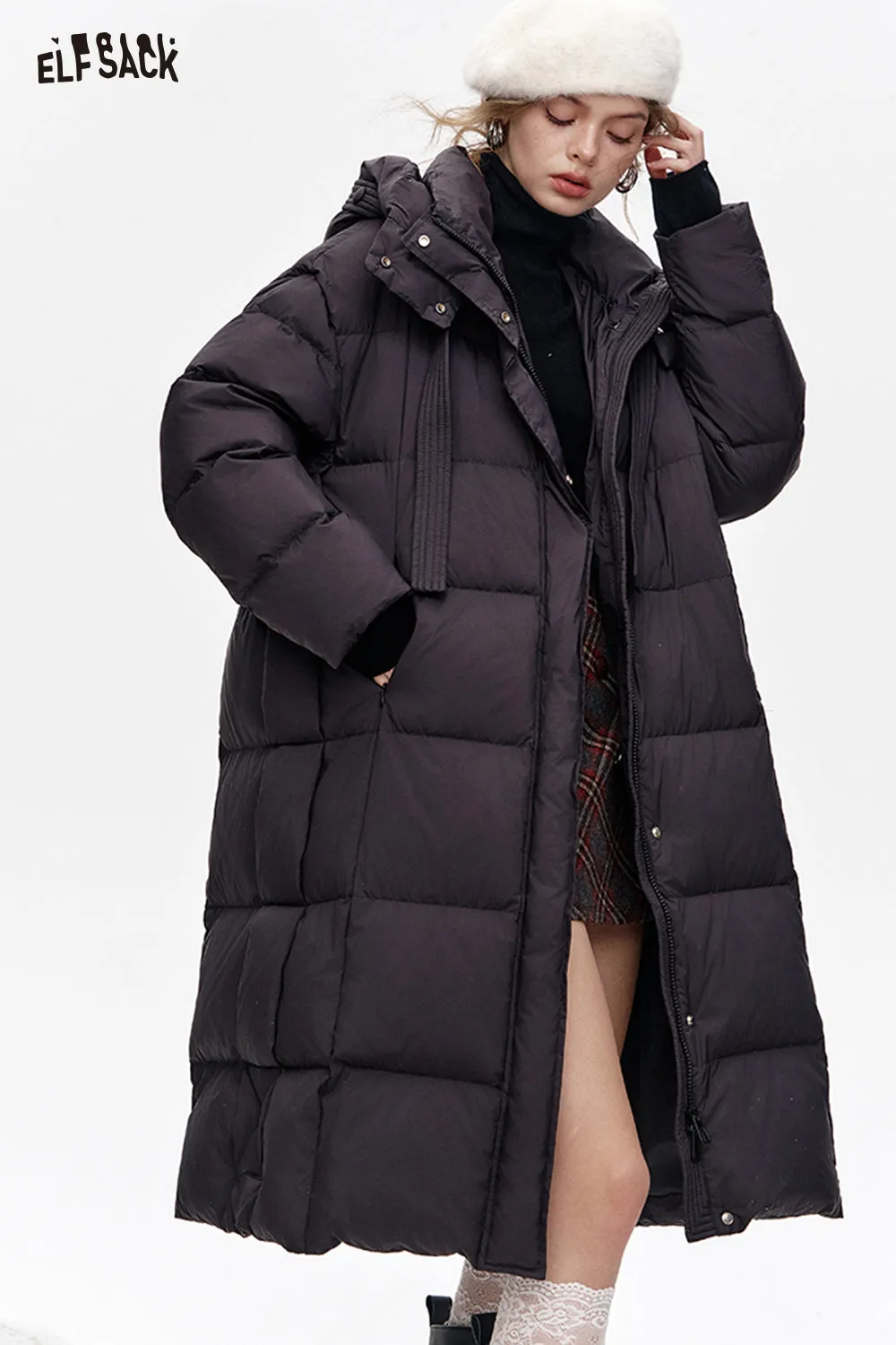 ELFSACK 2024 Winter New Arrivals Simple and versatile hooded long loose down jacket