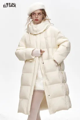 ELFSACK 2024 Winter New Arrivals Simple and versatile hooded long loose down jacket