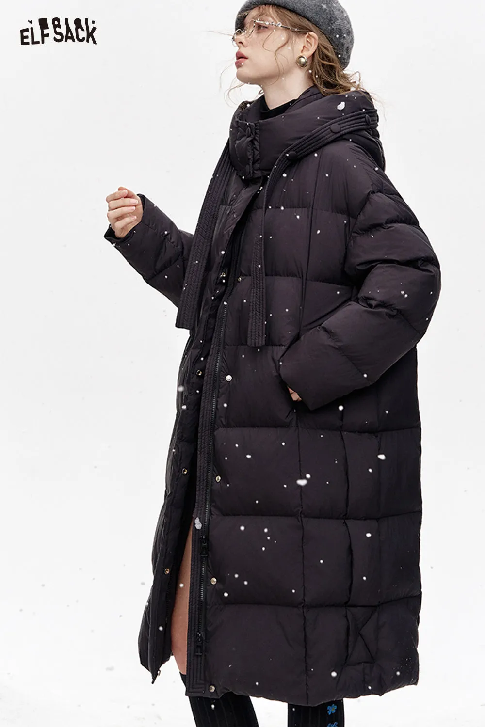 ELFSACK 2024 Winter New Arrivals Simple and versatile hooded long loose down jacket