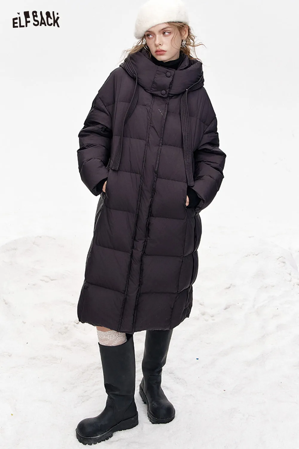 ELFSACK 2024 Winter New Arrivals Simple and versatile hooded long loose down jacket