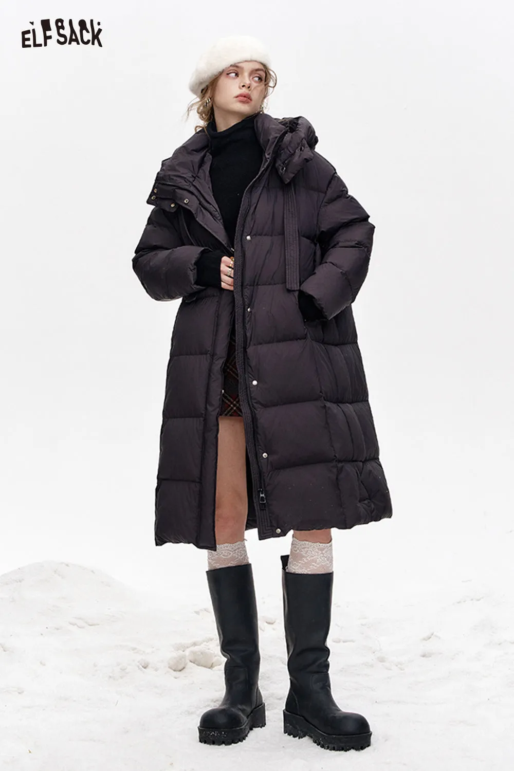 ELFSACK 2024 Winter New Arrivals Simple and versatile hooded long loose down jacket