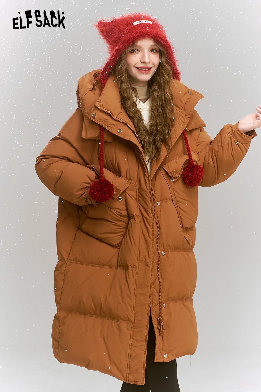 ELFSACK 2024 Winter New Arrivals Simplicity casual loose mid-length hooded warm down jacket for women