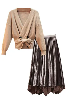 Felicia Beige Batwing Top and Gray Mesh Skirt Set