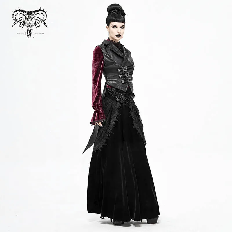 Female Vintage Gothic Velvet Lace Long Skirt / Women's Black Skirt with 3D Flowers