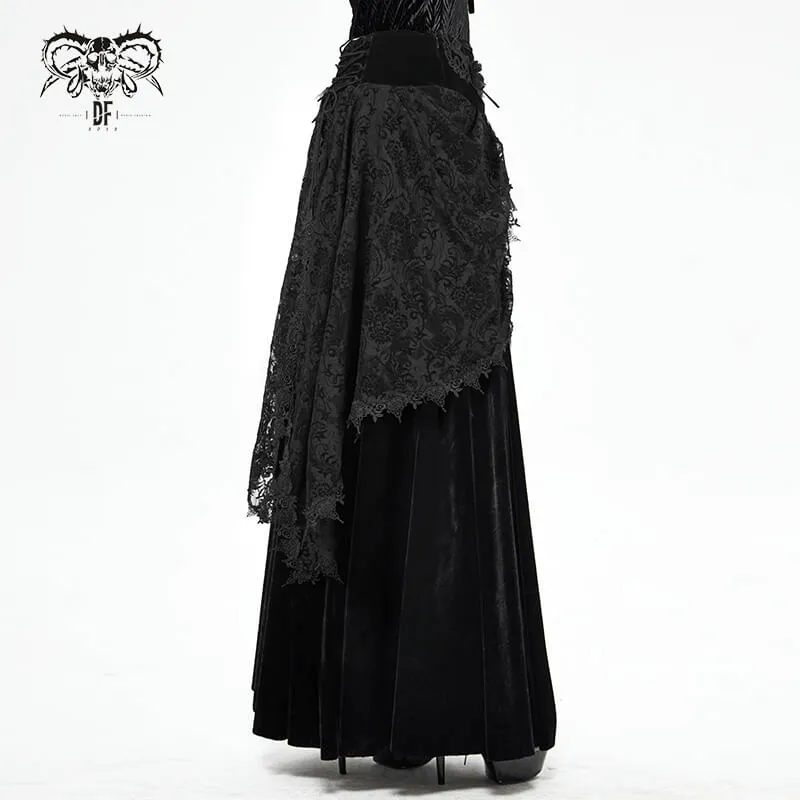 Female Vintage Gothic Velvet Lace Long Skirt / Women's Black Skirt with 3D Flowers