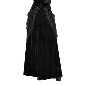 Female Vintage Gothic Velvet Lace Long Skirt / Women's Black Skirt with 3D Flowers