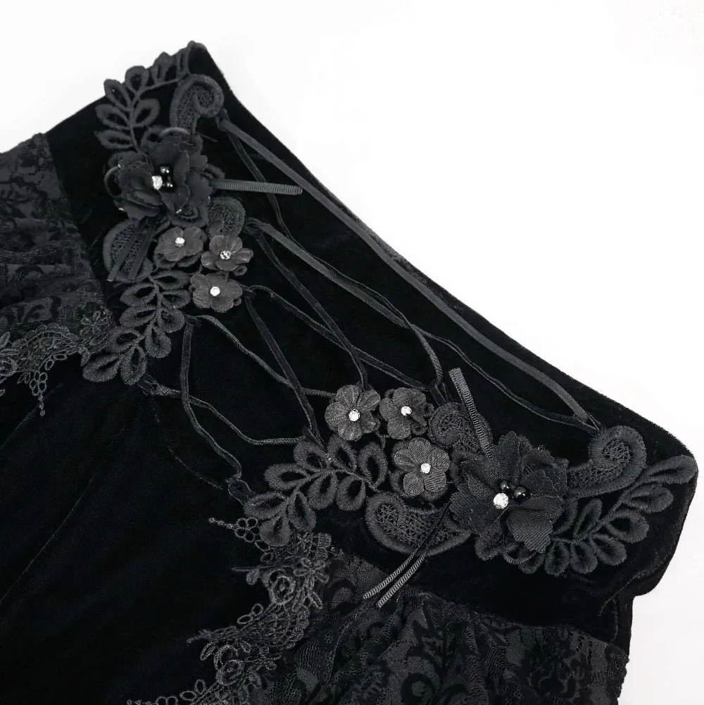 Female Vintage Gothic Velvet Lace Long Skirt / Women's Black Skirt with 3D Flowers