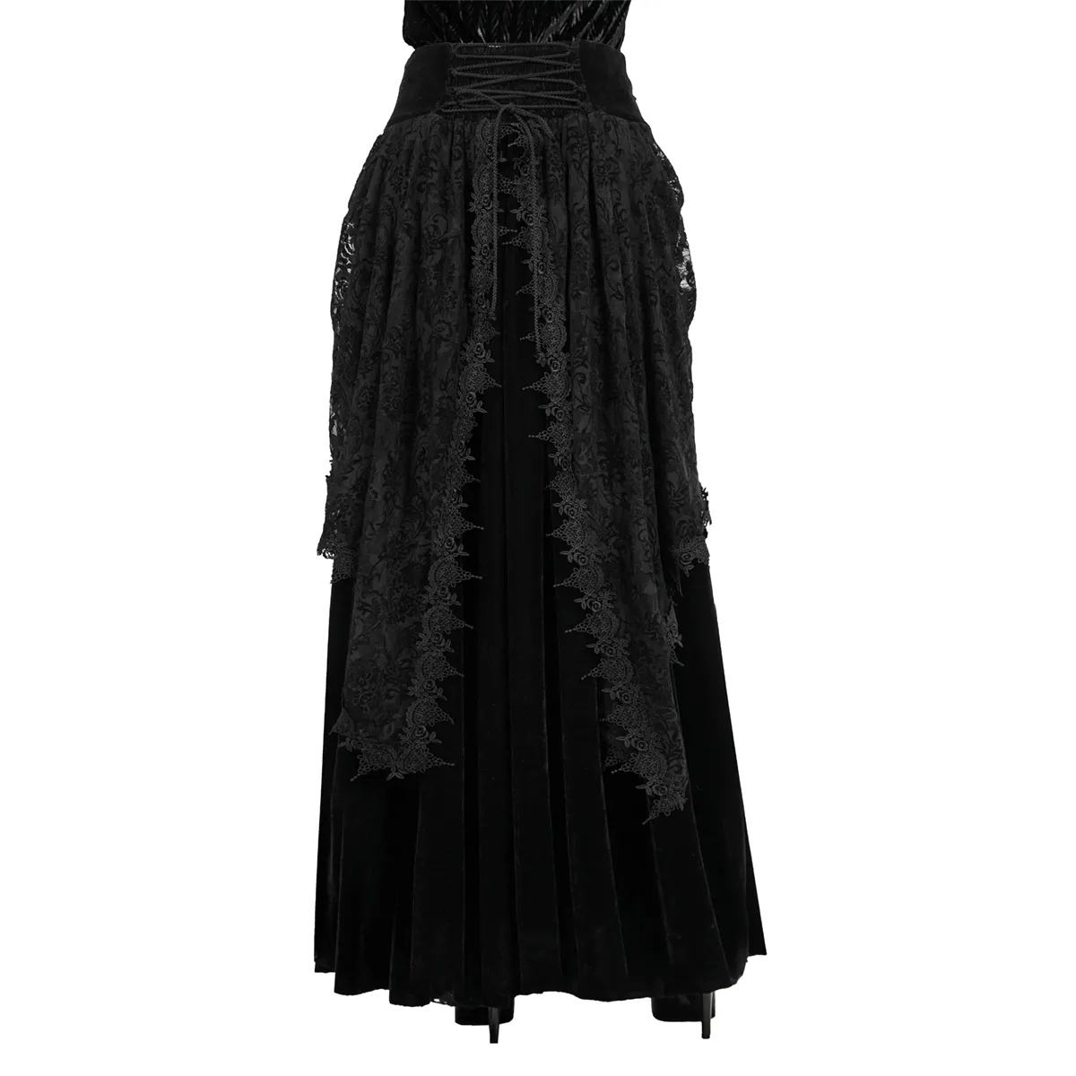 Female Vintage Gothic Velvet Lace Long Skirt / Women's Black Skirt with 3D Flowers