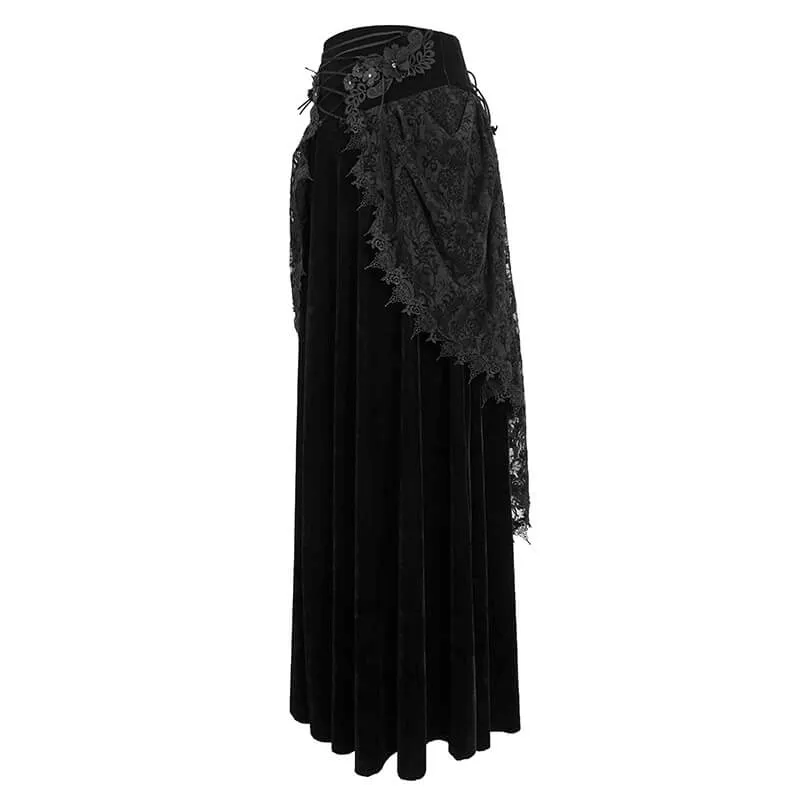 Female Vintage Gothic Velvet Lace Long Skirt / Women's Black Skirt with 3D Flowers