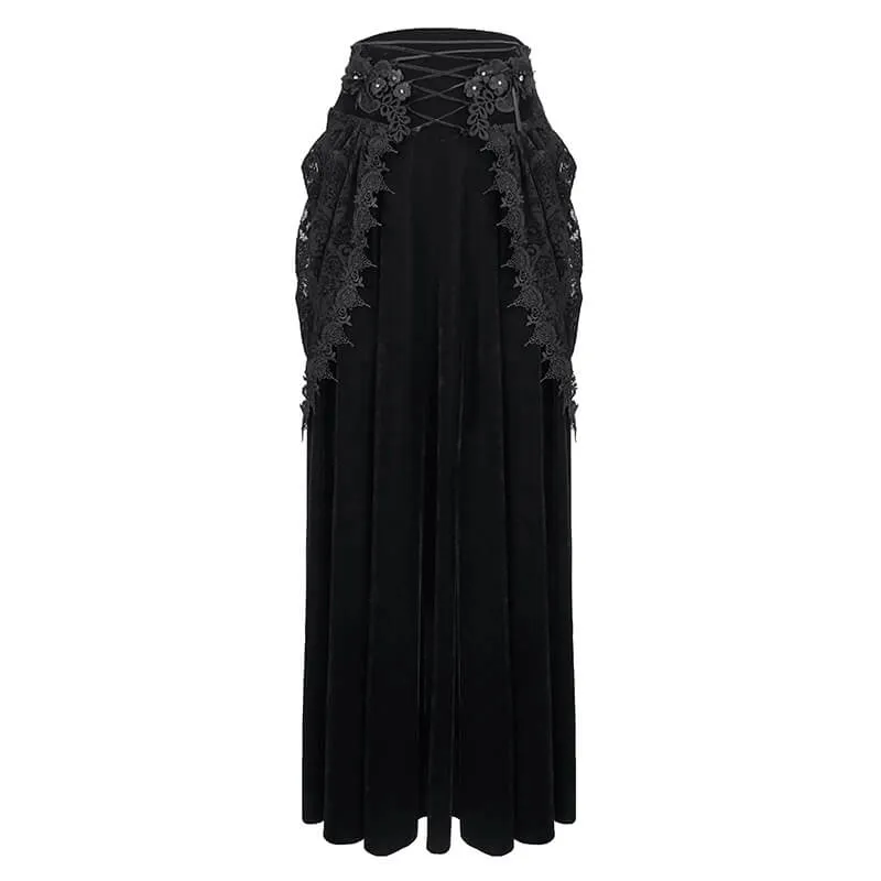 Female Vintage Gothic Velvet Lace Long Skirt / Women's Black Skirt with 3D Flowers