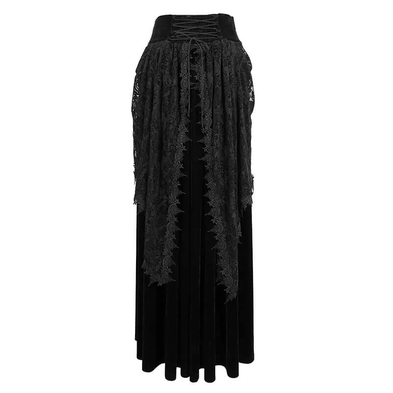 Female Vintage Gothic Velvet Lace Long Skirt / Women's Black Skirt with 3D Flowers