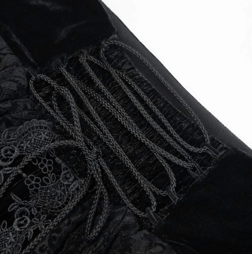 Female Vintage Gothic Velvet Lace Long Skirt / Women's Black Skirt with 3D Flowers