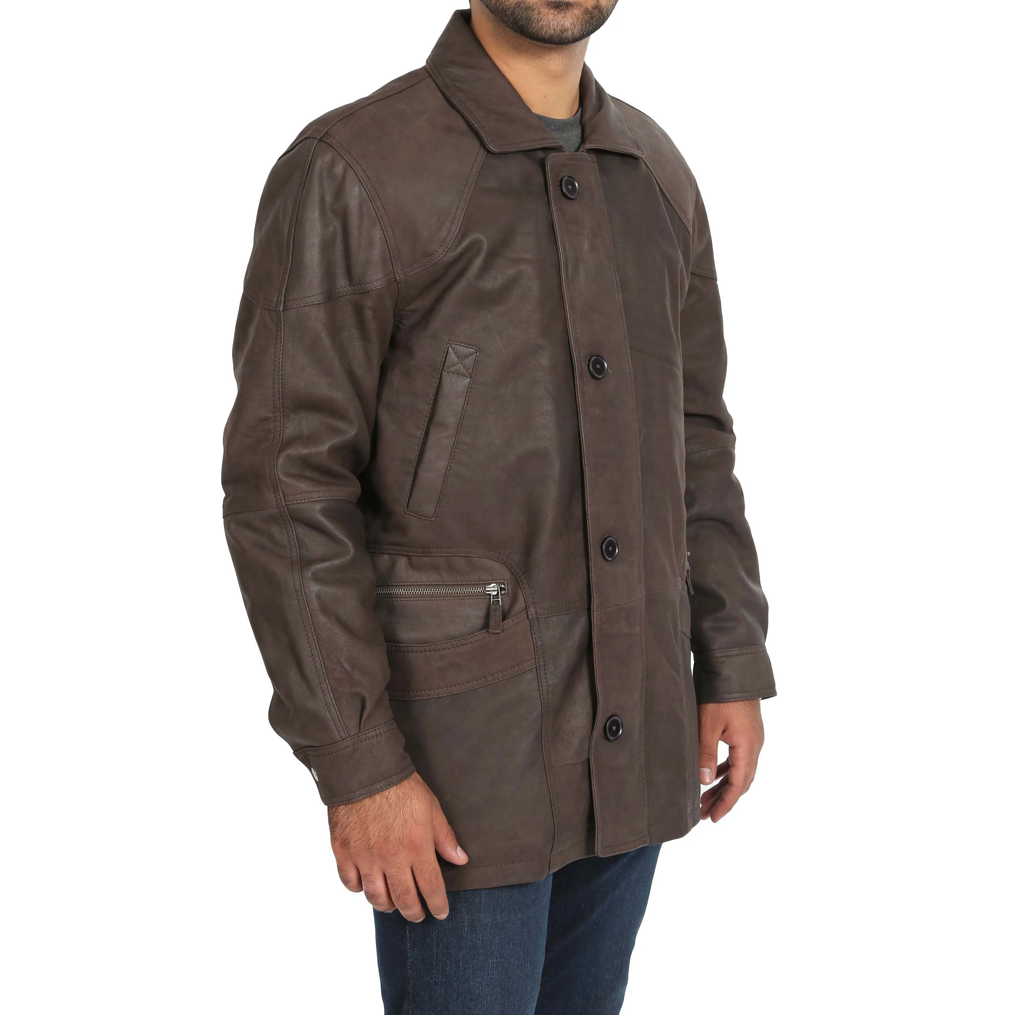 Gents Classic Soft Leather Parka Overcoat Clive Brown