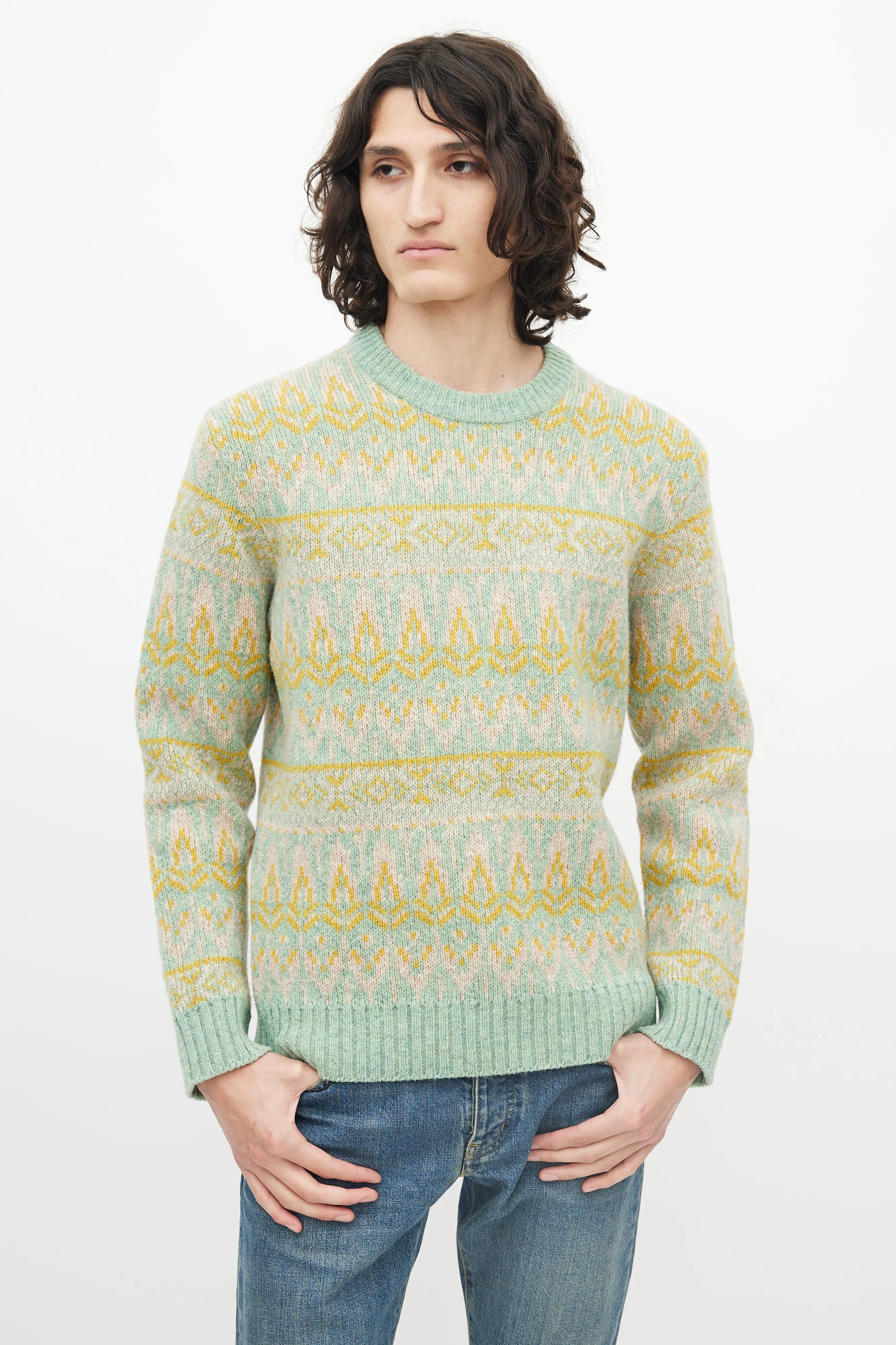 Green & Multicolour Wool Knit Sweater