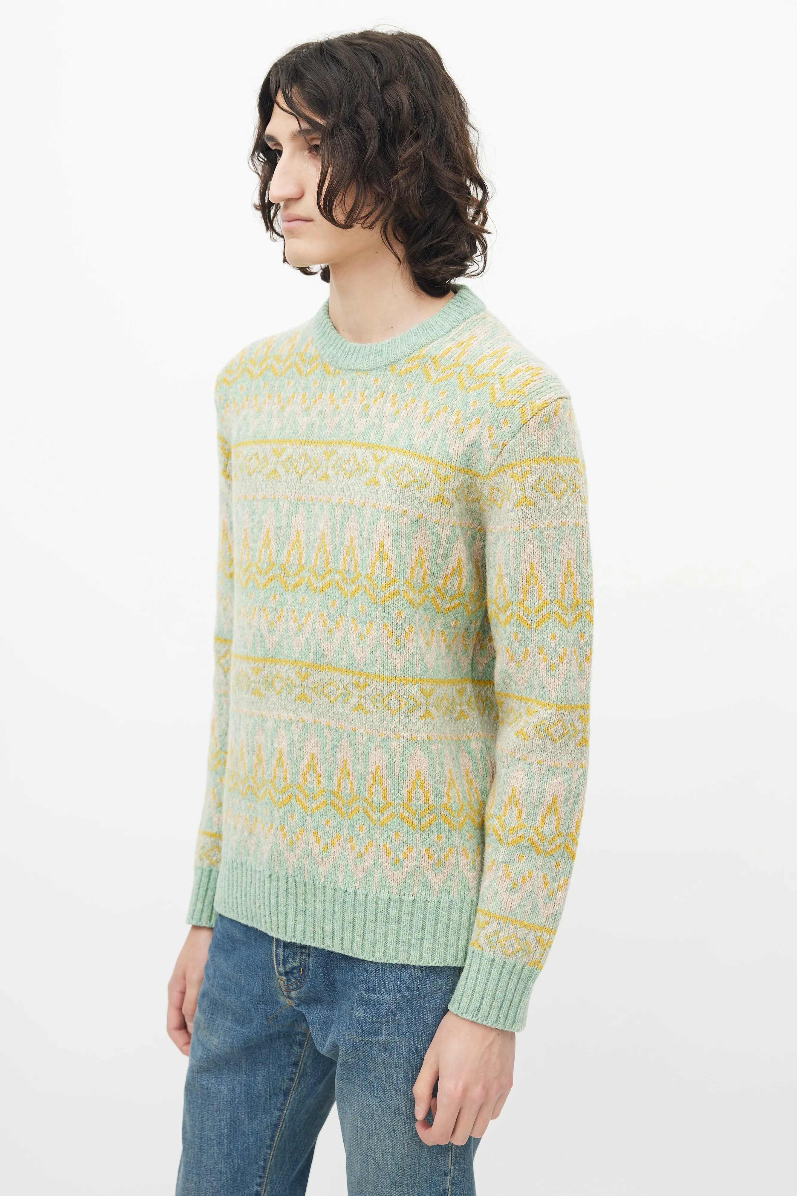 Green & Multicolour Wool Knit Sweater