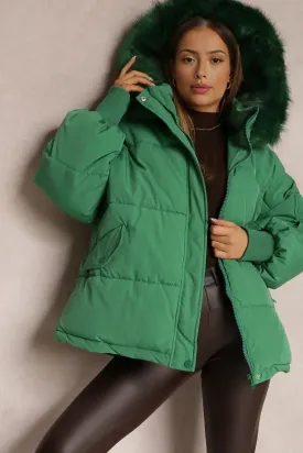 Green Versatile Stylish Plush Hooded Zip-Up Thermal Cotton Coat