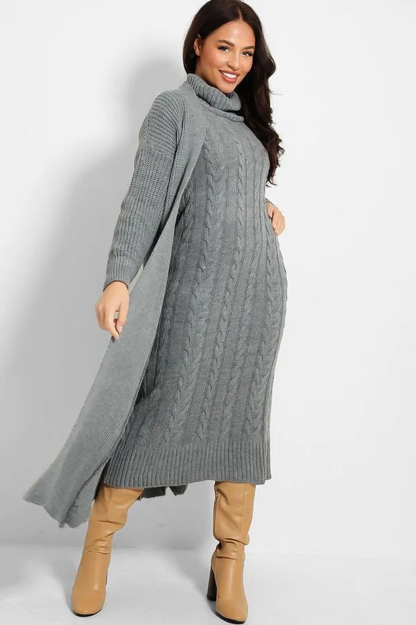 GREY CABLE KNIT ROLL NECK MAXI DRESS & CARDIGAN SET