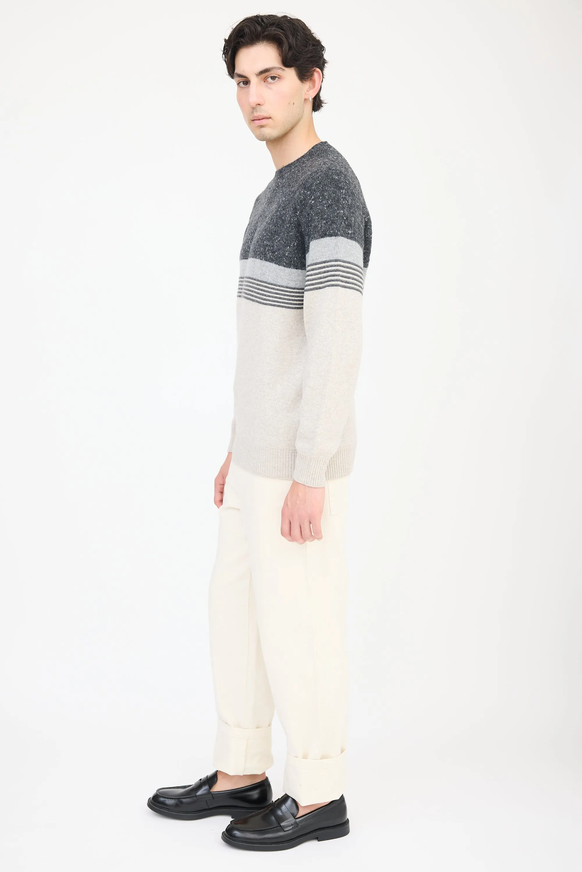 Grey Wool Knit Striped Sweater