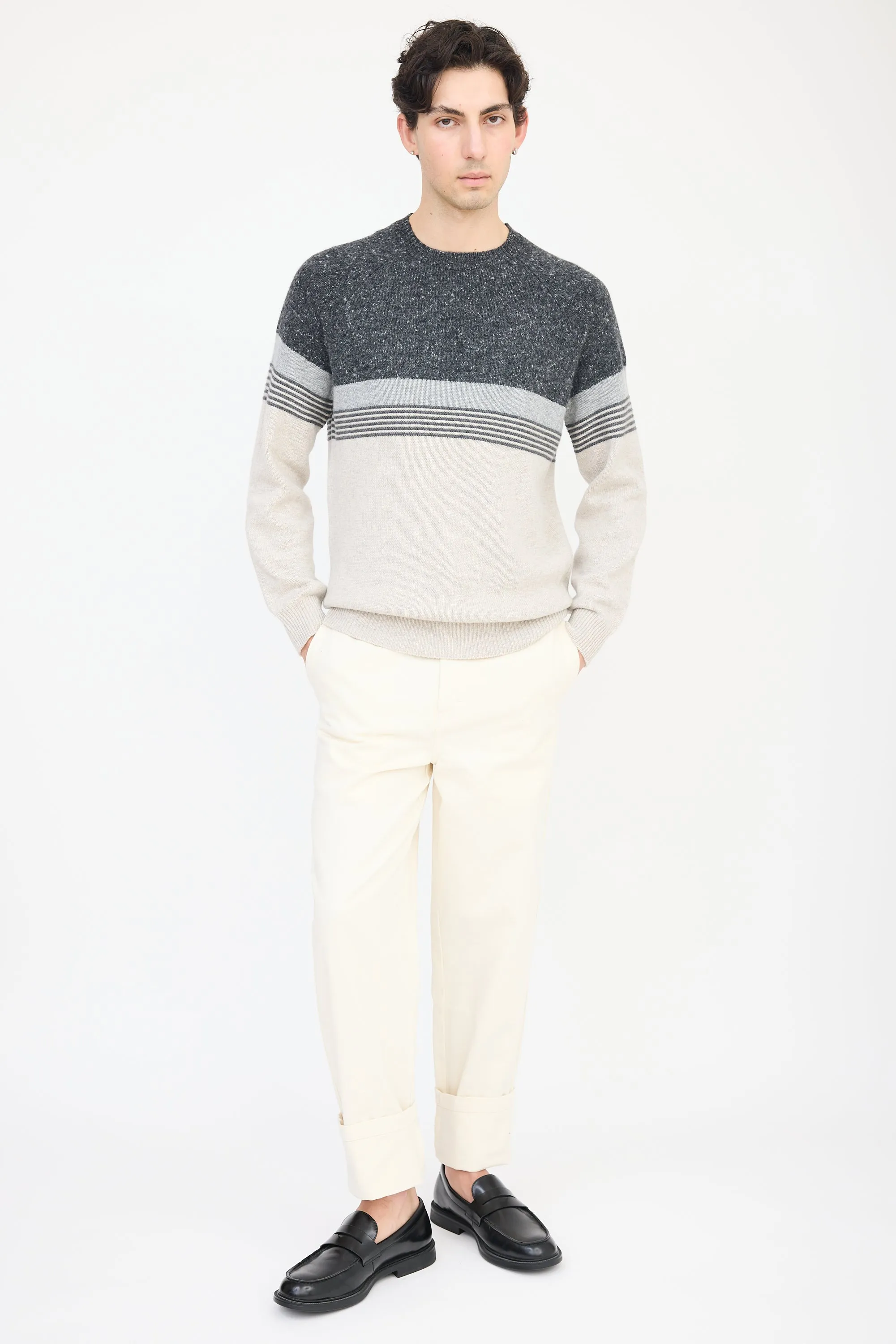 Grey Wool Knit Striped Sweater